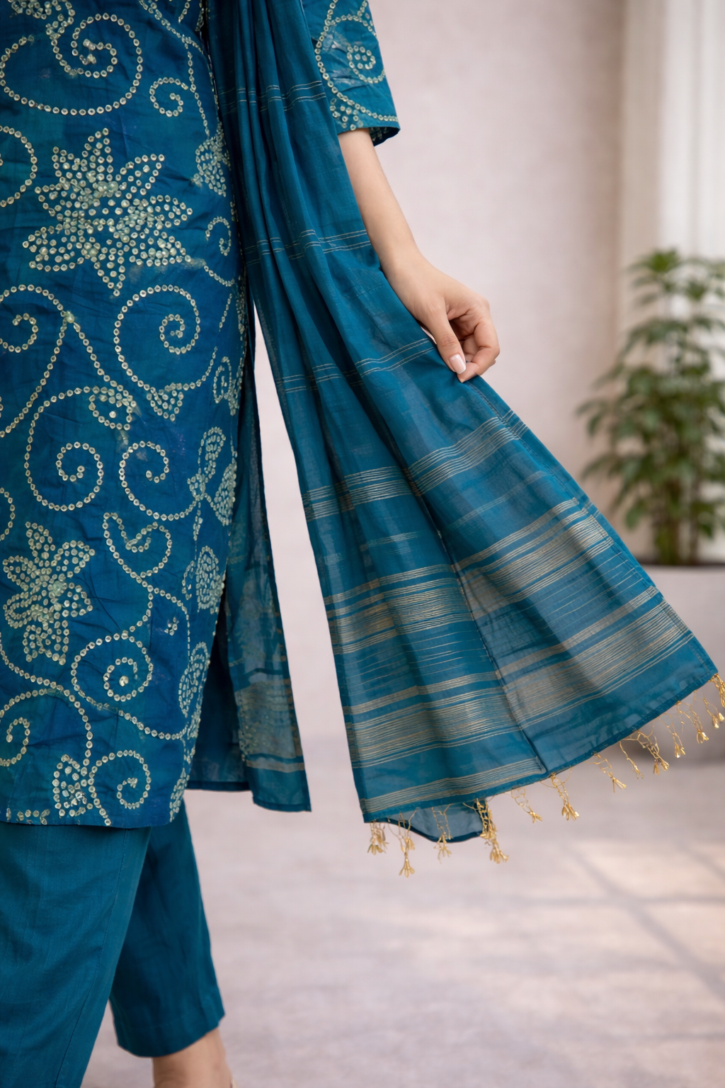 Women Teal Blue Floral Printed Kurta Set with Dupatta