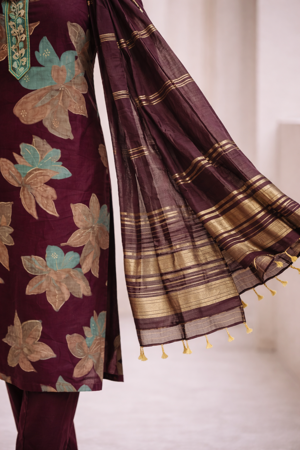 Women Maroon Floral Printed Kurta Set with Dupatta