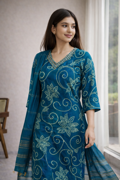 Women Teal Blue Floral Printed Kurta Set with Dupatta