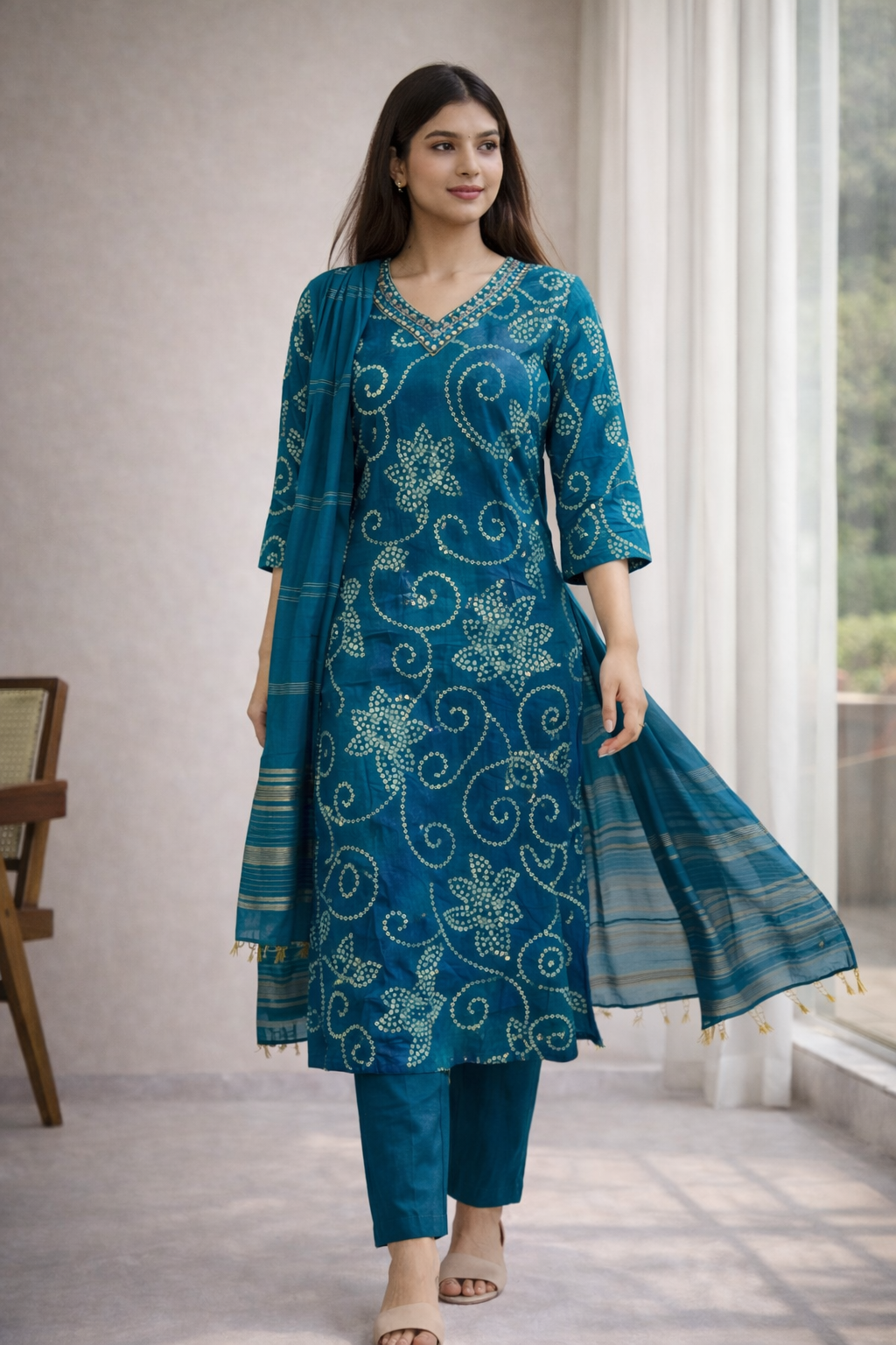 Women Teal Blue Floral Printed Kurta Set with Dupatta