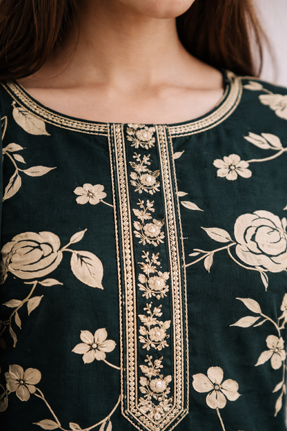 Women Deep Green Floral Printed Kurta Set with Dupatta