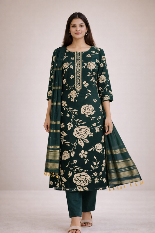 Women Deep Green Floral Printed Kurta Set with Dupatta