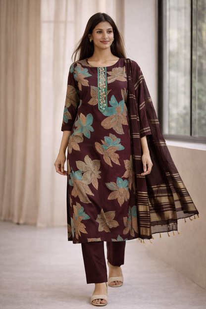 Women Maroon Floral Printed Kurta Set with Dupatta