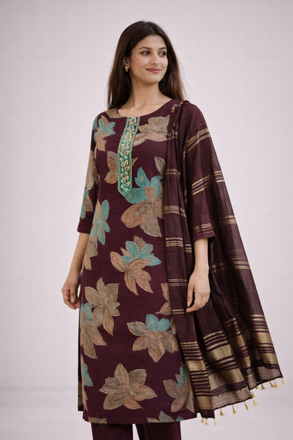 Women Maroon Floral Printed Kurta Set with Dupatta