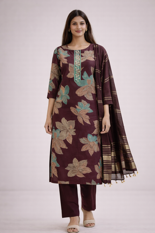 Women Maroon Floral Printed Kurta Set with Dupatta