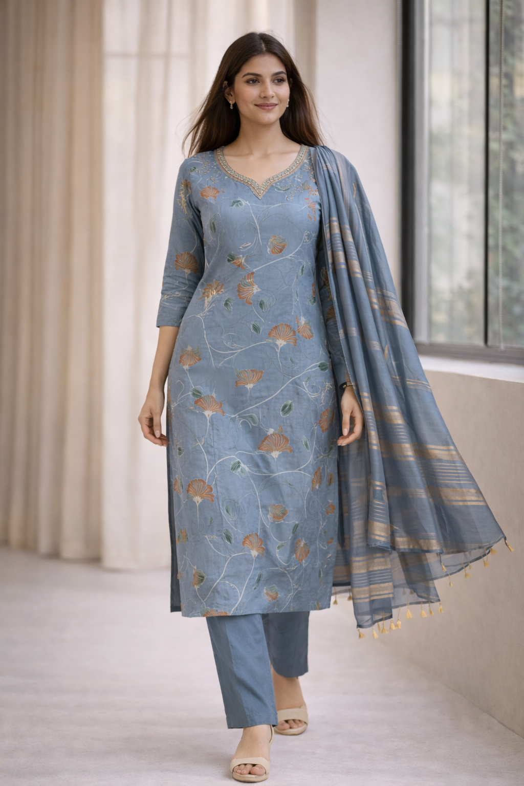 Women Dusty Blue Floral Printed Kurta Set with Dupatta