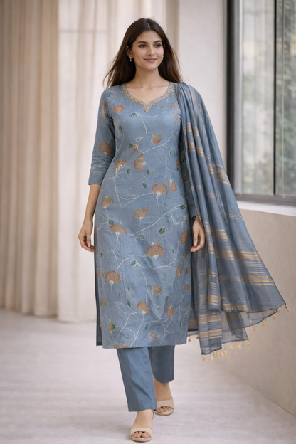 Women Dusty Blue Floral Printed Kurta Set with Dupatta