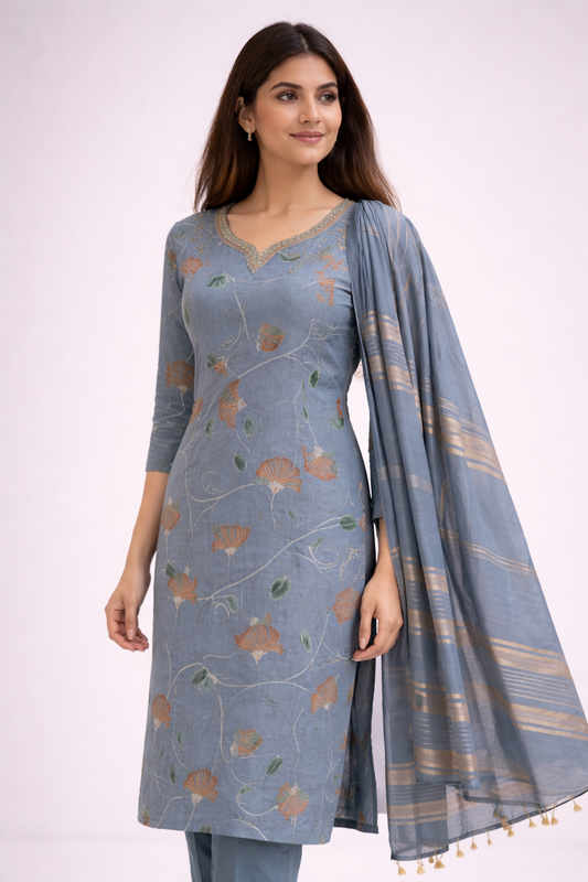 Women Dusty Blue Floral Printed Kurta Set with Dupatta