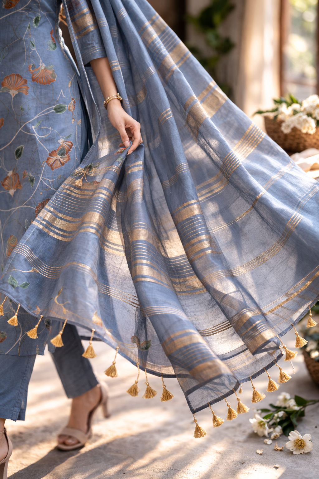 Women Dusty Blue Floral Printed Kurta Set with Dupatta