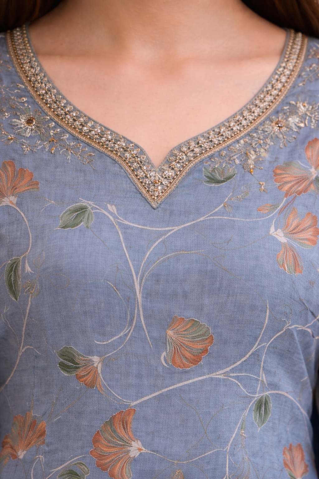 Women Dusty Blue Floral Printed Kurta Set with Dupatta