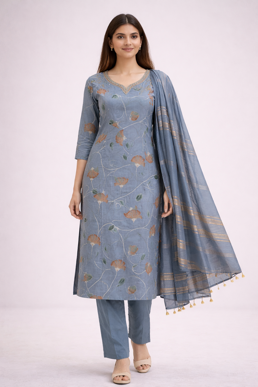 Women Dusty Blue Floral Printed Kurta Set with Dupatta