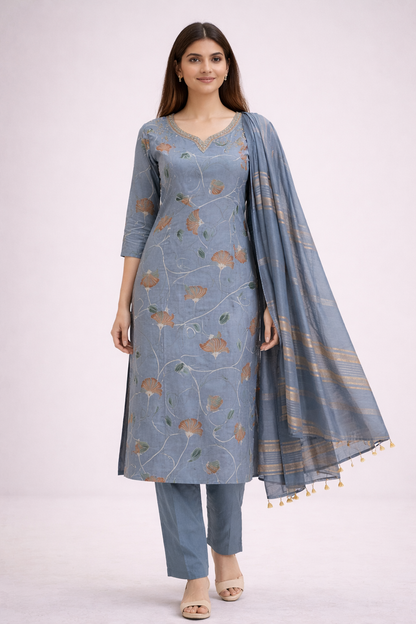 Women Dusty Blue Floral Printed Kurta Set with Dupatta