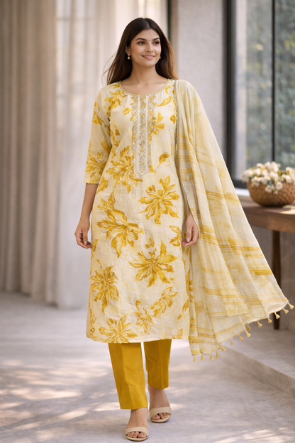 Women Yellow Floral Printed Kurta Set with Dupatta