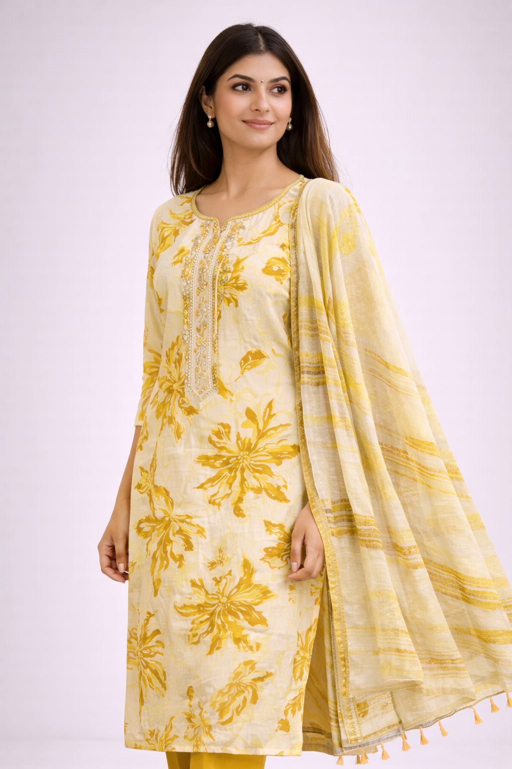 Women Yellow Floral Printed Kurta Set with Dupatta