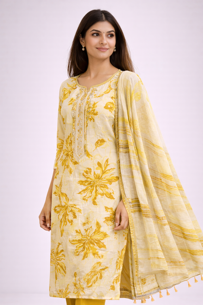 Women Yellow Floral Printed Kurta Set with Dupatta