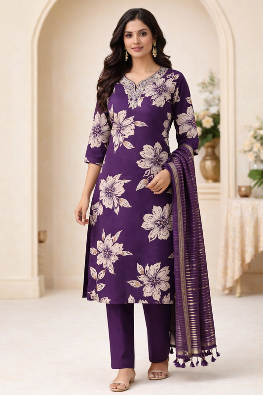 Women Purple Floral Printed Kurta Set with Dupatta