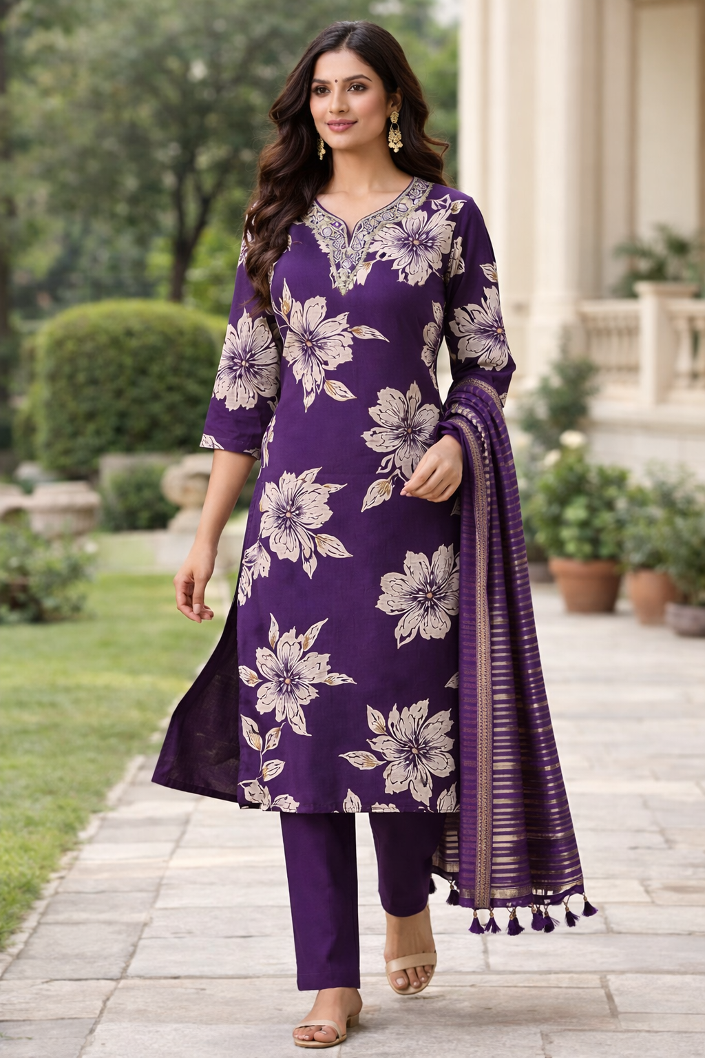 Women Purple Floral Printed Kurta Set with Dupatta