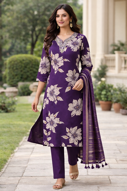 Women Purple Floral Printed Kurta Set with Dupatta