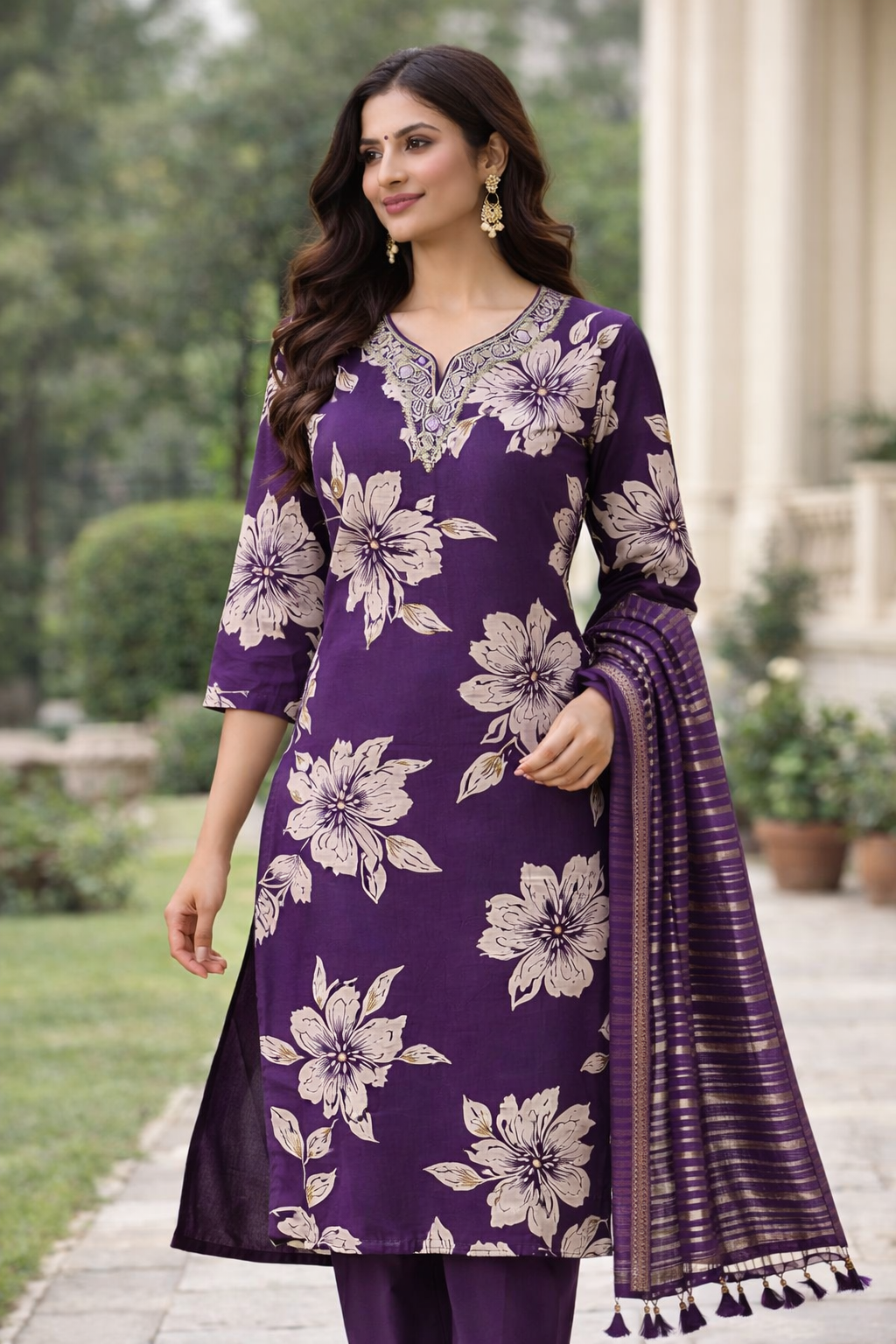 Women Purple Floral Printed Kurta Set with Dupatta