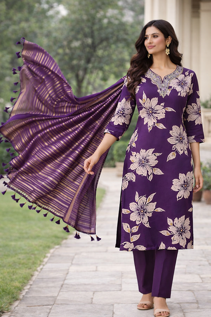Women Purple Floral Printed Kurta Set with Dupatta