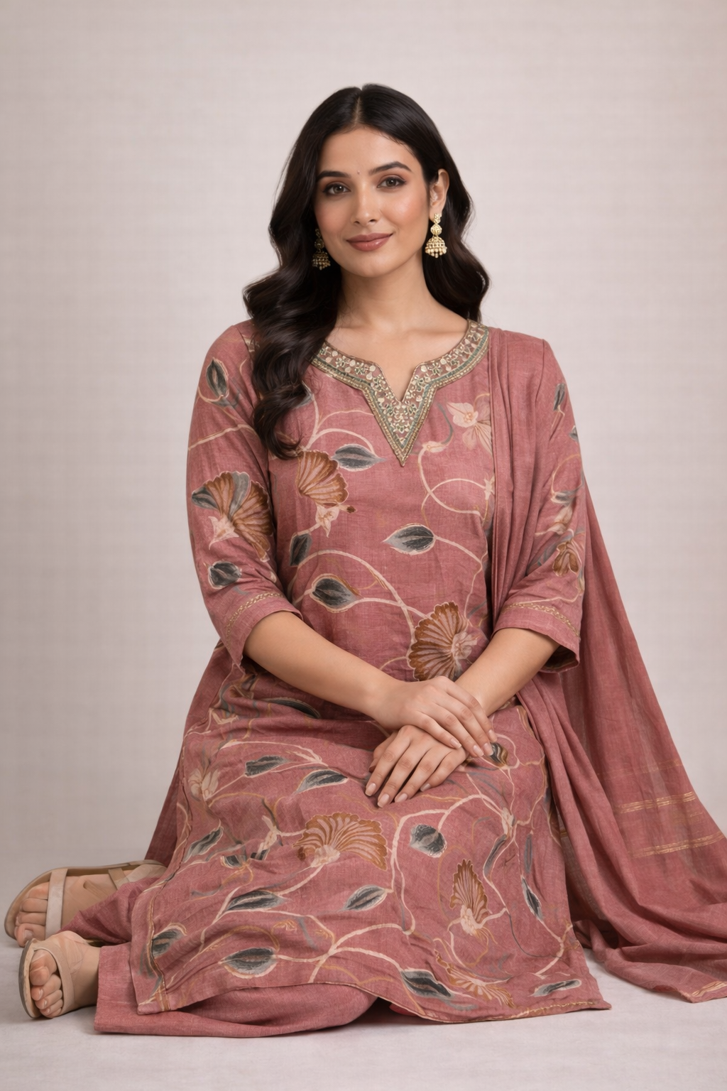 Women Pink Floral Printed Kurta Set with Dupatta