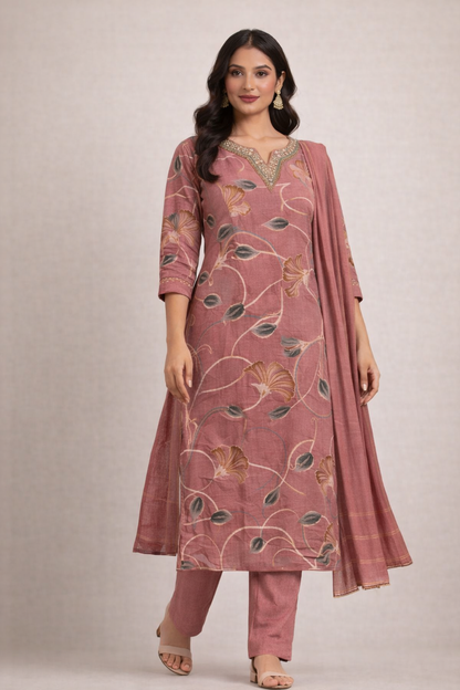 Women Pink Floral Printed Kurta Set with Dupatta